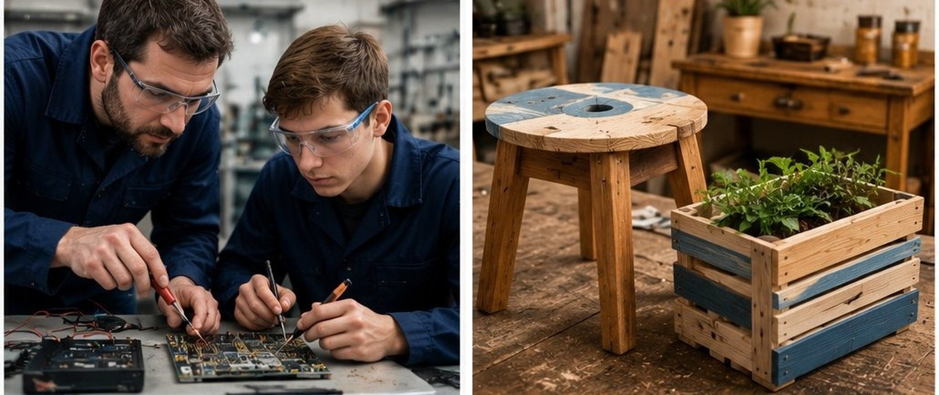 Formateur et apprenant en train de réparer un circuit imprimé ; objets upcyclés en arrière-plan