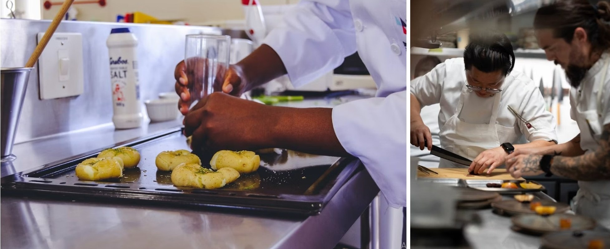 Apprentie en cuisine dressant des pommes de terre sur une plaque, et deux chefs en plein dressage d'assiettes — La Table Commune